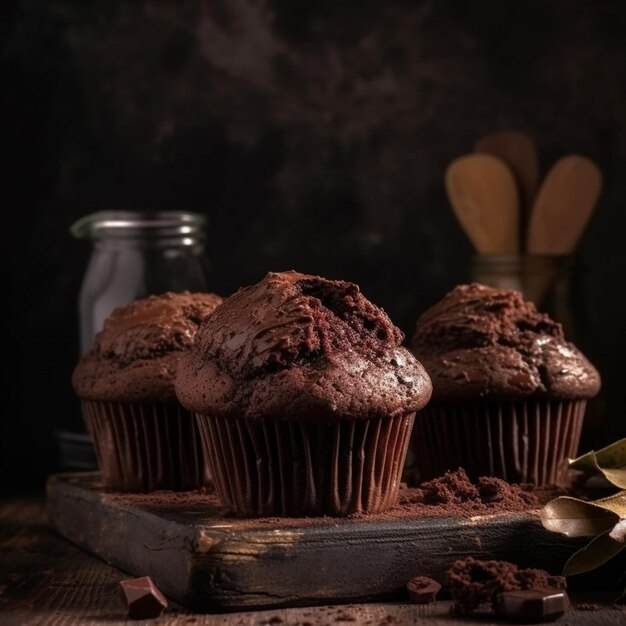 Three chocolate muffins on a wooden table with a dark background.