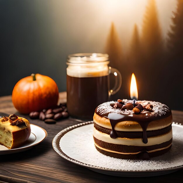 Photo three chocolates cake with chocolate drips on a black background layered cake with milk black and