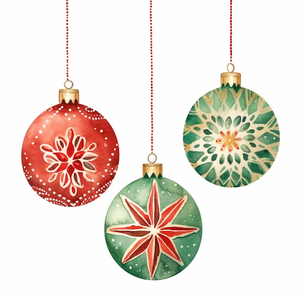 three christmas ornaments hanging from a red string on a white background generative ai