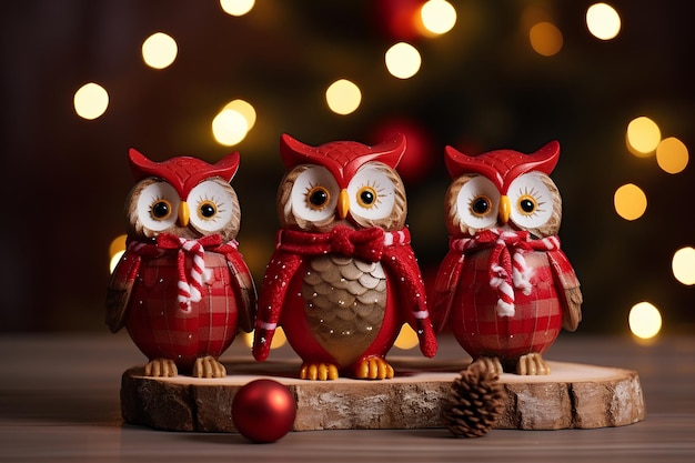 Three Christmas Owl Ornaments on a Wooden Surface