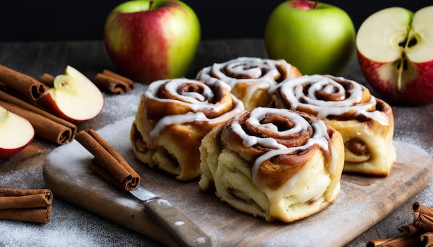 Three cinnamon rolls on a wooden board with apples and cinnamon sticks