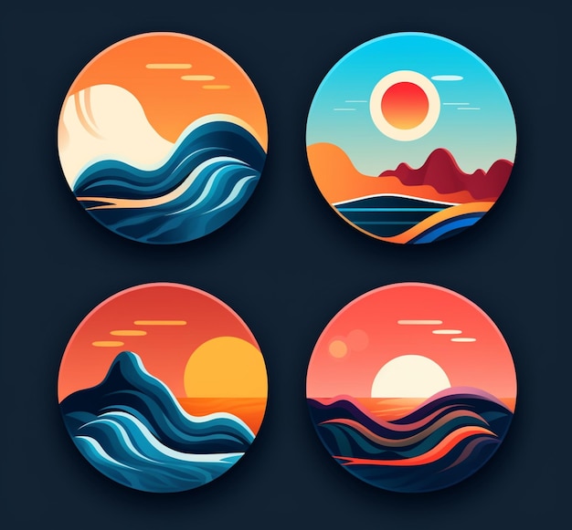 Three circular illustrations of a sunset generative ai
