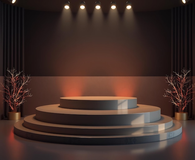 three circular podiums illuminated by warm light in a dark room with curtains