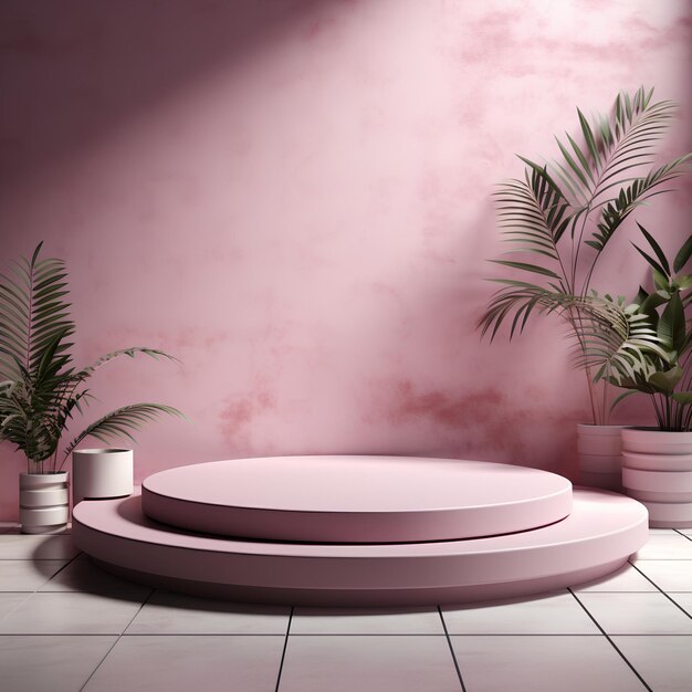 Three circular tables in pink on the floor with potted plants