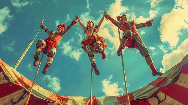 Photo three circus performers are performing on stilts in front of a blue sky generative ai