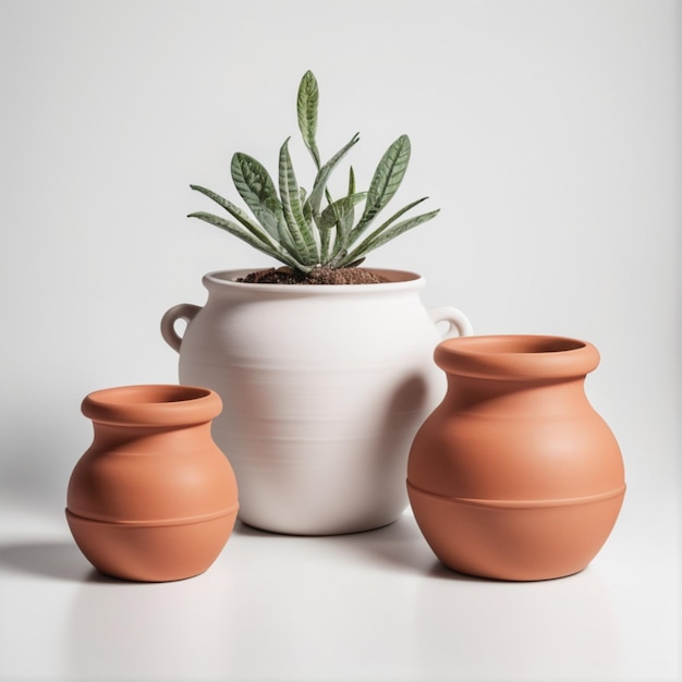 Foto tre vasi d'argilla ben disposti isolati su uno sfondo trasparente e bianco