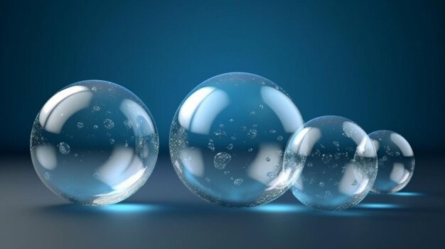 Three clear glass spheres on a blue background