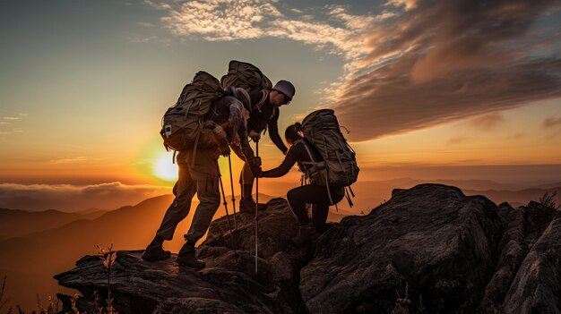 Three climbing friends helping each other as a team reach the mountain peak