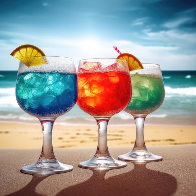 Three cocktails on a beach with the ocean in the background.