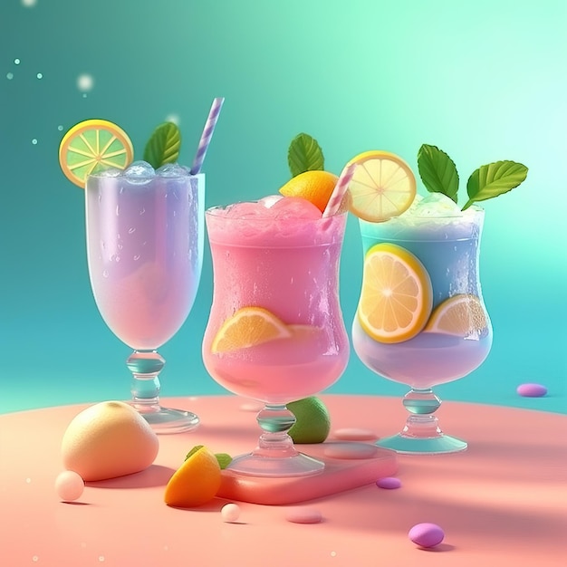 Three cocktails with pink and purple drinks and a blue background.