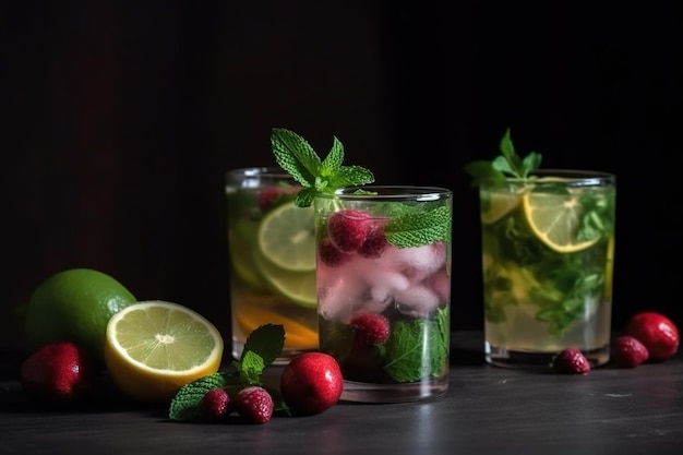 Three cocktails with raspberries and mint on a dark background