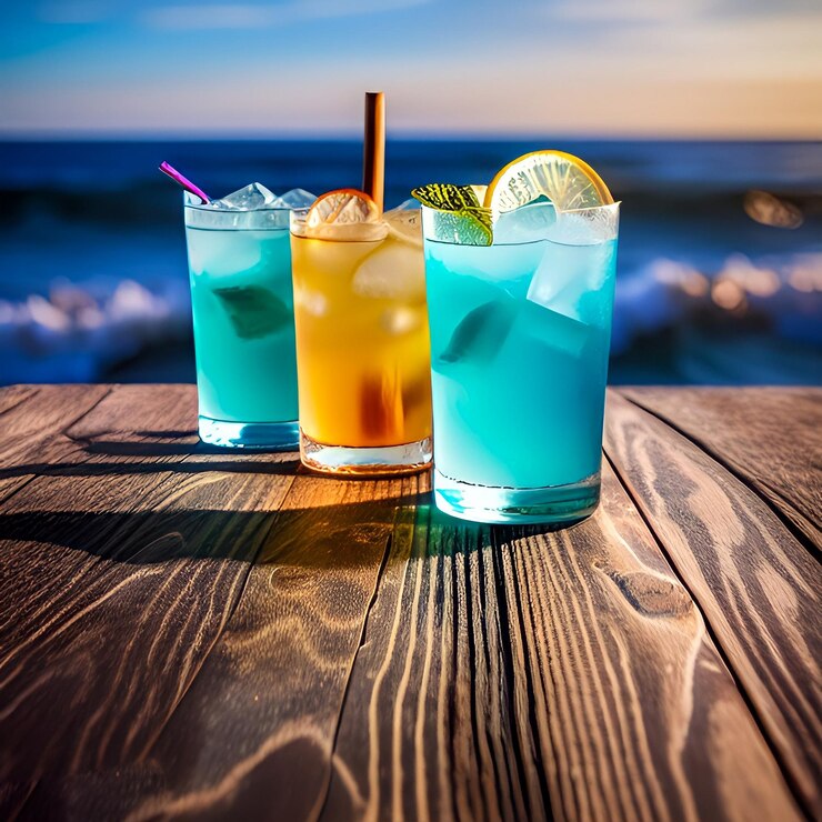 Three cocktails on a wooden table with a blue drink and a beach in the background Summer