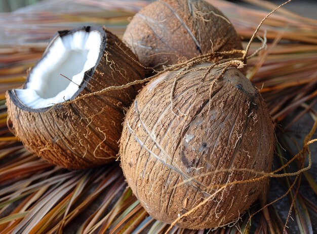Three coconuts on a bed of dried palm leaves