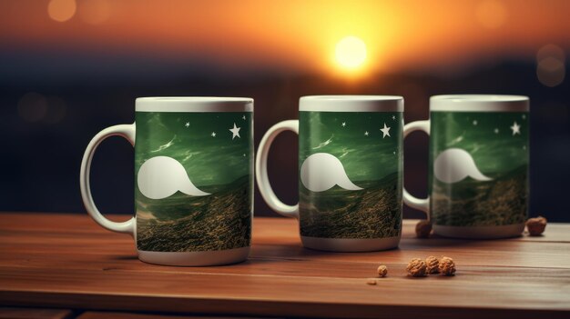 Three Coffee Mugs on a Wooden Table