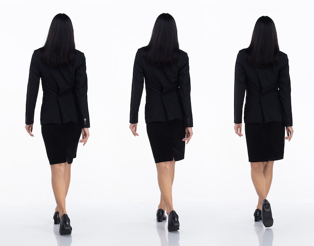 Three Collage Full length of 20s Asian office business Woman black short hair wear dark suit skirt and shoes. Female walk back rear view over white Background isolated