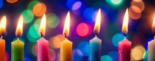 Three colored candles are lit and sitting in blue confetti background