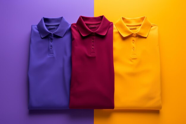 Three colored polo shirts on a purple and orange background