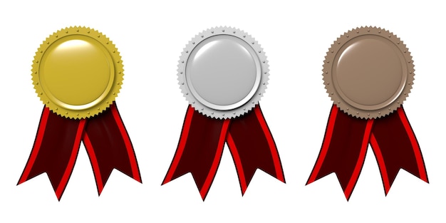 Three colorful badges with ribbons isolated on white background