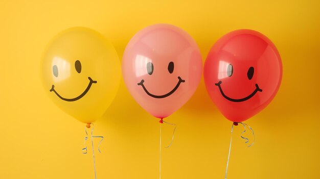 Photo three colorful balloons with smiley faces on a yellow background the balloons are yellow pink and red