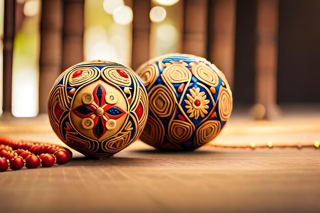 three colorful balls sit on a wooden surface.