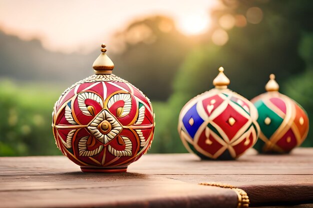 Photo three colorful balls on a wooden table, one of which has the word 