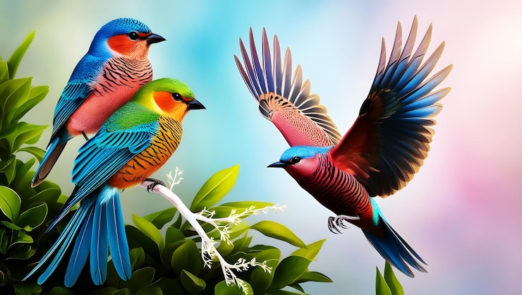 Photo three colorful birds are standing on a branch with one being blue green and yellow and the other blu