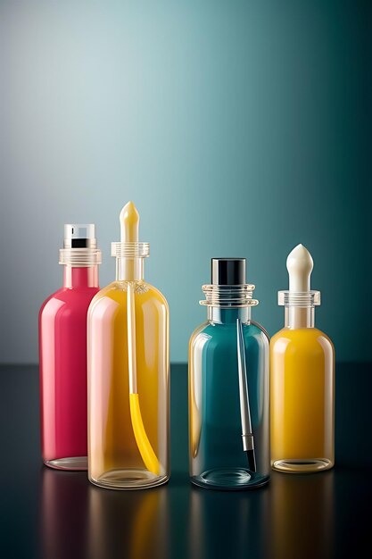 three colorful bottles of different colors with one that says  the word pen