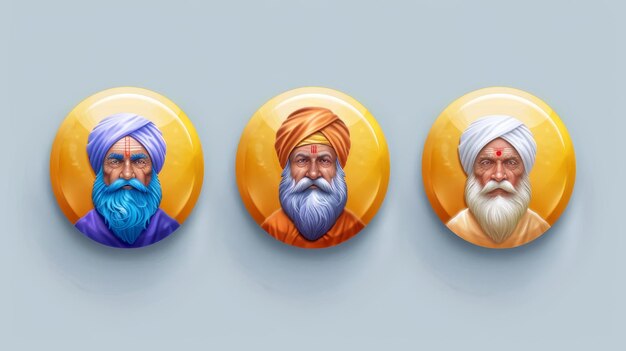 Three colorful buttons featuring an Indian Pandit icon