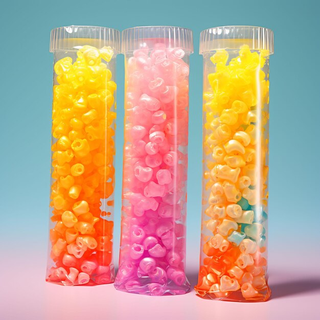 three colorful candy containers with one that says rainbow colored in the middle