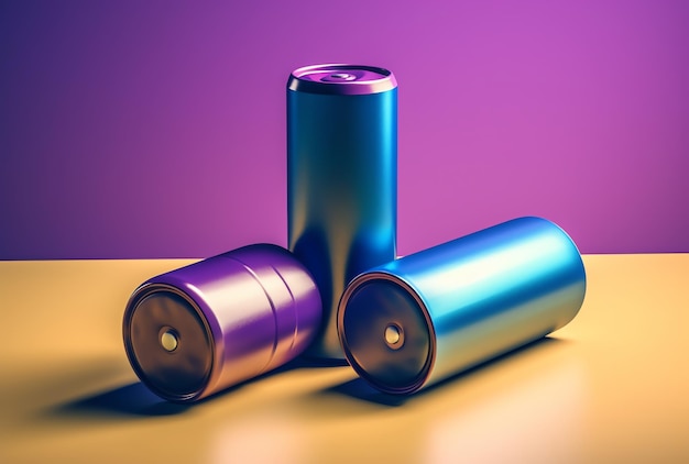 Photo three colorful cans of different colors sit on a table.