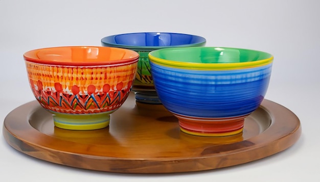 Three colorful ceramic bowls sit on a wooden tray with one that has a colorful design
