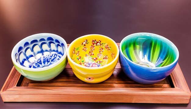 Foto tre colorate ciotole di ceramica siedono su un vassoio di legno con una che ha un disegno colorato