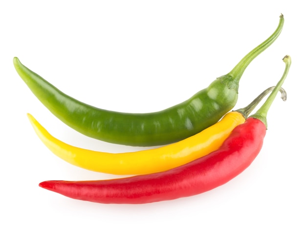 Three colorful chili peppers isolated on white background