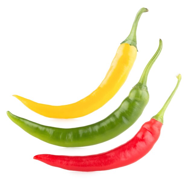 Three colorful chili peppers isolated on white background