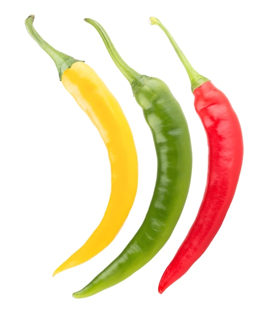 Three colorful chili peppers isolated on white background