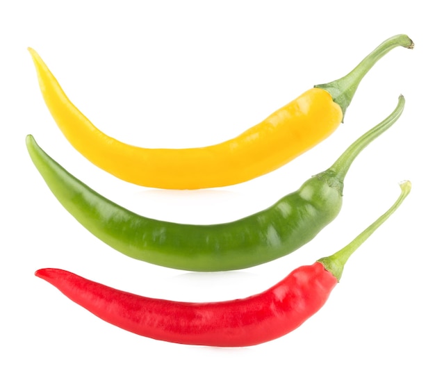 Three colorful chili peppers isolated on white background