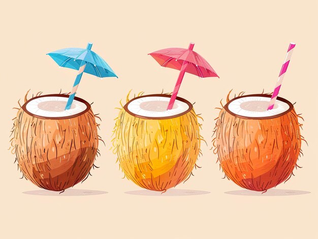 Photo three colorful coconut drinks with playful striped straws and decorative umbrellas on a neutral