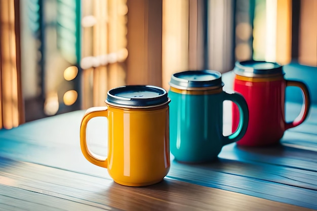 three colorful coffee mugs are on a wooden table