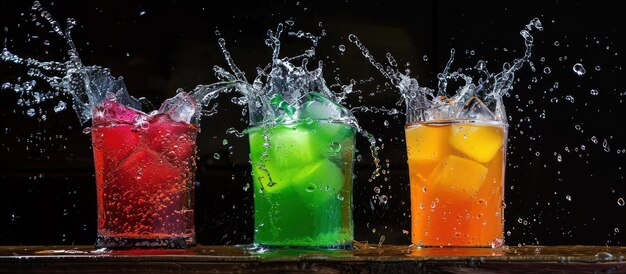 Photo three colorful drinks splashing