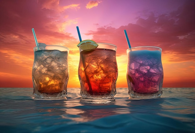 three colorful drinks that are in front of a sunset in the style of photorealistic fantasies
