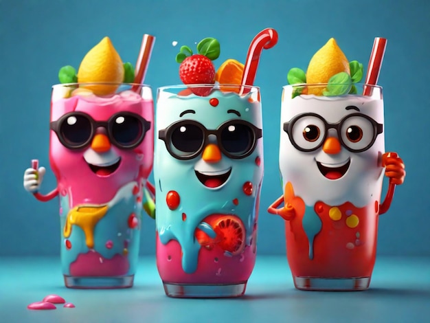 three colorful drinks with one that has a face on it