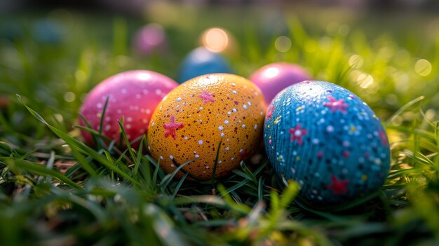 Three Colorful Easter Eggs Sitting in the Grass