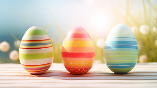 Three colorful easter eggs sitting on a table with a blue sky in the background generative ai