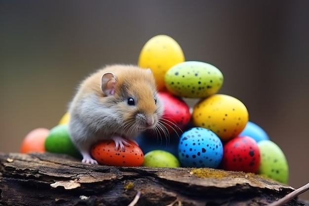 Three colorful eggs and a cute bunny