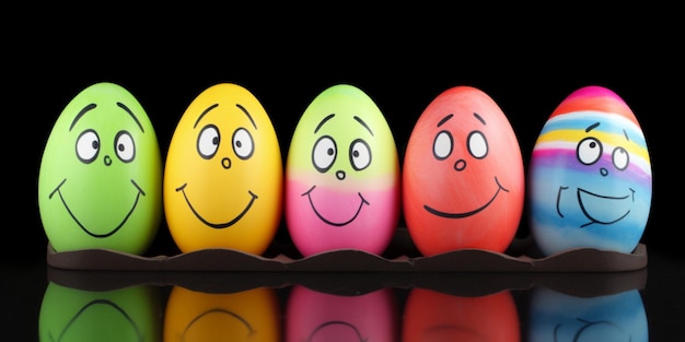 Three colorful eggs with faces on them sit in a row.