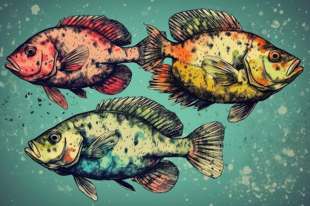 Три красочные рыбы плавают в ярком подводном мире