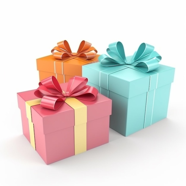 three colorful gift boxes with bows and ribbons on a white background generative ai