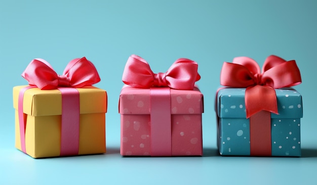 Three colorful gift boxes with bows on them Generative AI