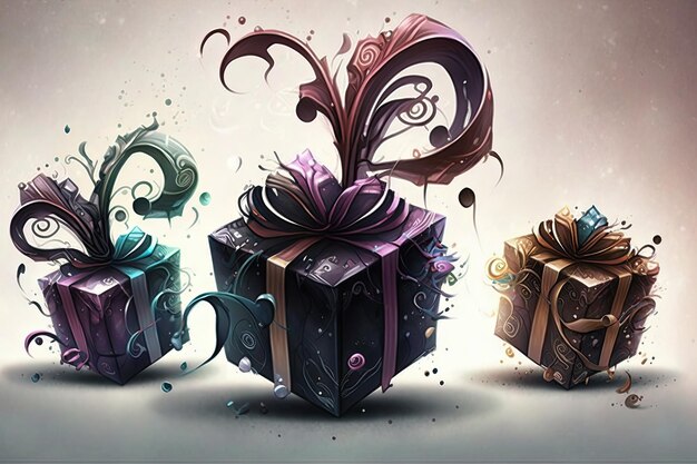 Фото Три красочные подарочные коробки, обернутые лентами и бантами генеративный ии