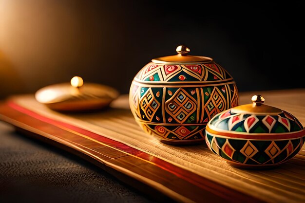 Three colorful glass balls sit on a shelf, one of which has a lamp in the middle